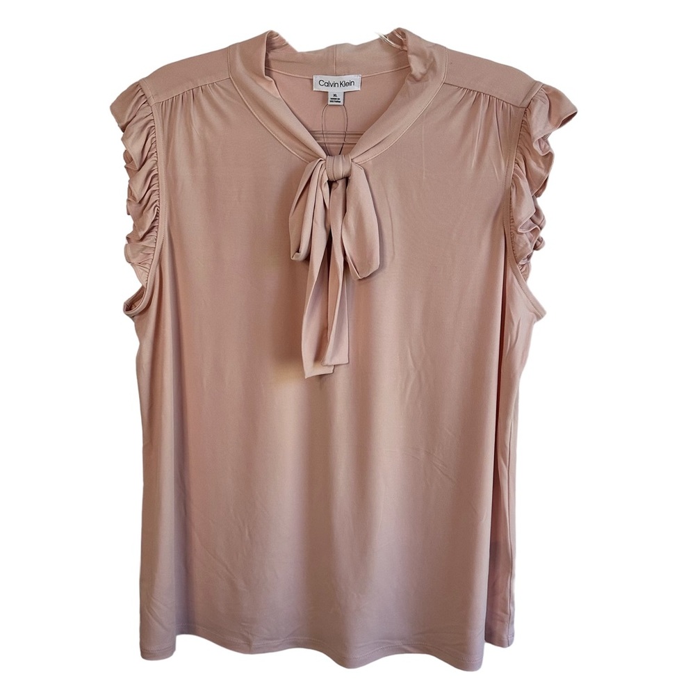 NWT Calvin Klein blouse top dusty rose pink cap ruffle sleeve tie neckline XL